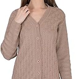 Women's Woolen V-Neck Self Design Cardigan - Heavy Daffodil Fabric, Pure Wool, Free Size Long, Fully Warm (XXL, Walnut)-55