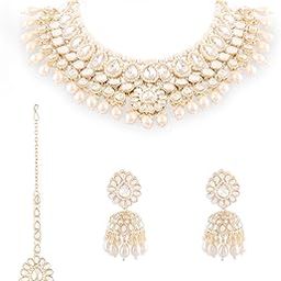 Gold Tone Kundan Artificial Stones & Beads Bridal Necklace Earring & Maangtikka Set For Women-ZPFK17106-16