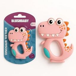 Blushbaby Silicone Baby Teether for Babies 6-12 Months | Teething Gums Manhattan Rattle Toy with Loop Rings | 100% Food-Grade Silicone & BPA-Free | Dinosaur Teether for Infants & Toddlers (Pink)-image-110