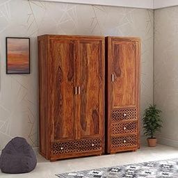 EBANSAL Solid Sheesham Wood 3 Door Wardrobe with 4 Drawers Storage for Bedroom |Rosewood, Natural Honey Finish-11