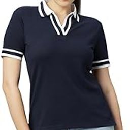 Women Polo V Neck Collar Tshirt | V Neck Stripe Style | Short Sleeve (Available Upto 5XL Plus Size)-image-3
