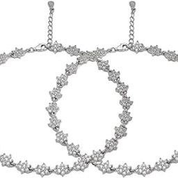 925 Sterling Silver Cubic Zirconia Floral Rhodium Plating Chain Anklet (Pair) | Gift for Women & Girls | With Certificate of Authenticity & 925 Stamp|Mother's Day-image-48