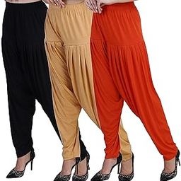 Women's Cotton Viscose Lycra Dhoti Patiyala Salwar Harem Bottoms Pants Purple Mrose PakistanGreen Combo Pack of 3-image-40