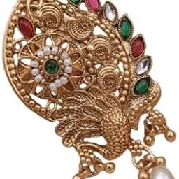 Matte Polish Gold Peacock Saree Pin for Women & Girls Traditional Ethnic Brooch with Multicolor Stones, Pearls & Secure Clasp-11