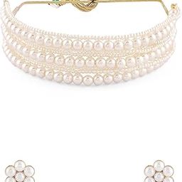 White Pearls Multistrand Beaded Choker Necklace & Earring Set For Women-ZPFK16723-8