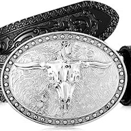 Cowboy Belt for Men - Longhorn Bull Western Leather Belt With Floral Engraved Buckle-26