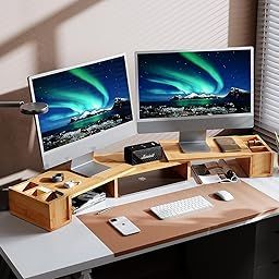 Inllex 2-Tier Bamboo Monitor Stand, Wood Computer Monitor Riser, Wooden Desk Organizers with Adjustable Storage Accessories Shelf for iMac, Laptop, Printer, Xbox one-picture-12