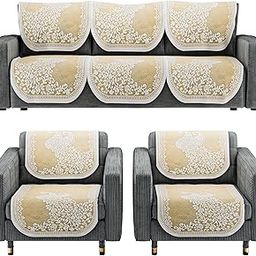 Heart Home (Set of 10) Stylish & Durable Cotton Sofa Covers 5 Seater | Washable Sofa Protector/Mat & Slipcover for Hall, Living Room & Office | Peocock Design - Cream-17