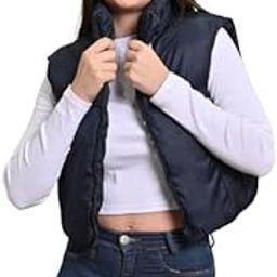 Women's Nylon Sleeveless with High-Neck Puffer Crop Dark Blue Jacket-picture-23