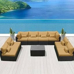 Rattan Wicker Outdoor Conversation Set 8 Seater Sectional Sofa Furniture for Garden Terrace All Weather Proof Cushions, 2 Double Seaters, 1 Center Table (Black & Beige)-image-33