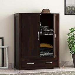 MANNAT ARTS Wooden 2 Door Wardrobe Organizer for Storage with 1 Drawer & 3 Shelves Storage - Solid sheesham Wood Cupboard for Bedroom - Wooden Almirah Organizer for Clothes Storage (Design 9)-image-100