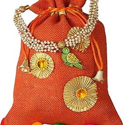 Women's Jute Traditional Potli with Wooden Parrot, Elegant Gota, Pompom hanging & Beaded Pearl String Handle : Multi color Medium Potli 500gm size-37