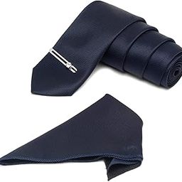 mutaqinoti Mens Dark Blue Woven Premium Silk Necktie Suit Accessories Set With Pocket Square And Chrome Tie Pin (CPBU011)-picture-0