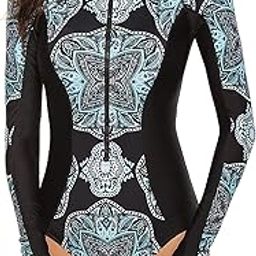 Womens Long Sleeve Rash Guard UV Protection Zipper Floral Printed Surfing One Piece Swimsuit Bathing Suit Black L-image-89