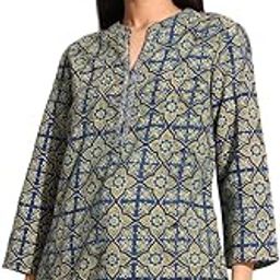 Women Cotton Teal Ajrakh Mandarin Neck Regular Sleeves Slim Fit Kurta-image-86