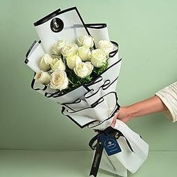 FlowerAura Fresh Live Flower Bouquet of 12 White Roses In Premium Paper For Birthday Gift, Anniversary Gift, Wedding Gift, Mother's Day Gift, Love & Romance Gift, Father's Day Gift (Same Day Delivery)-image-30