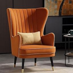 ZARA TRADING COMPANY Luxury Chair Wing Velvet Accent Chair Armchair Royal Stylish Single Seater Sofa Chair with Golden Strips Living Room Lounge Bedroom (Orange)-image-34