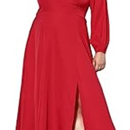 Women Plus Size Solid Square Neck Puff Sleeves Crepe Thigh-High Slit Flared Maxi Dress-image-1