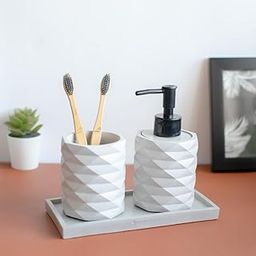 Dwell dapper | Geometric Shape Concrete Made Toothbrush Holder with Tray and soap Dispenser-image-1