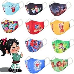 3 Layer Premium Cotton Kids Mask For Boys, For Girls Digital Cartoon Printed 3D Face Mask For Small Boys & Girls, Reusable & Washable Children_Pack of 10 (C8-10Ps)-0