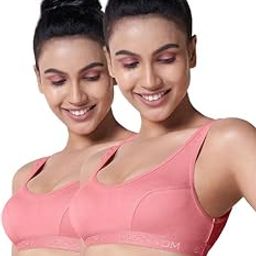 Women’s Pack of 2 Low Impact Sport Bra, Single Layered, Seamed, Non Wired, Non-Padded, Slip on Style Made with Pure Cotton-4