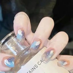 Styfy Press On | Stick On Fake Nails | Square | Artificial Designer With 24 Pcs Jelly Glue on False Nail Including Manicure Kit - Blue White Nude Macaron-10