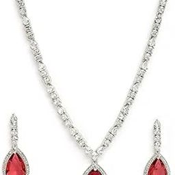 Rhodium Plated Brass Silver Pedant Tear Drop Timeless Crystal Blooms Stone Pendant & Earring Jewellery Set For Women & Girls-image-88