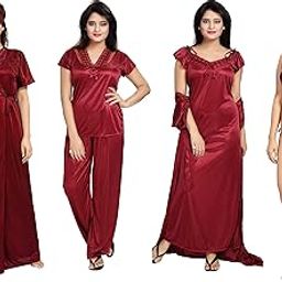 Women's Satin Nighty, Robe, Top, Night Dress - Set of 6/7 (Maroon, Free Size)-image-58