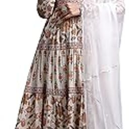 Off White Printed Cotton A-Line Kurta With Palazzos & Dupatta-2