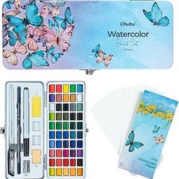 Ohuhu Watercolor Paint Set 50 Colors, Travel Outdoors Watercolor Set for Painting, in Portable Box with Papers, Brush Pen, Arcylic Pen& SKetching Pencil, Washable Non-toxic Water Colors Paint for Adults Beginners Kids-picture-26