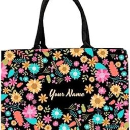 Personalized Floral Tote Bag for Women – Custom Name Handbag with Colorful Flower Print – Reusable Shopping, Travel, or Work Bag with Zipper Closure-image-82