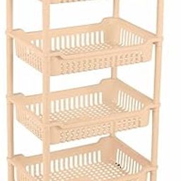 Indriyas Multipurpose Plastic Trolley with Dish Rack for Kitchen Fruit Vegetable Storage Basket Modern Organizer - 3 Layer Stackable Shelf Cart Kitchenware Food, Snacks, Bottles, Toys (Cream, 4)-image-93