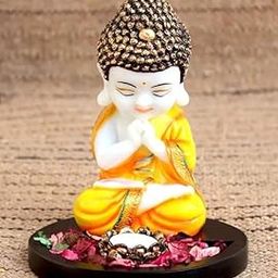 PARI_Collection Present Handcrafted Little Baby Monk with Tealight Holder & Wooden Base - 22 cm Decorative Polyresin Showpiece (Multicolor)-image-5