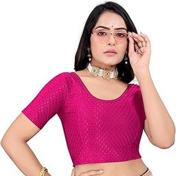 Women's Round Neck Saree Blouse, Dobby Cotton Lycra, Elbow Sleeve, Stretchable (Pink, 2XL)-32