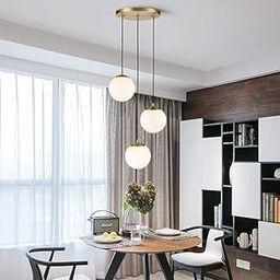 GMART INDIA 3-Light Pendant Lamp in Brushed Brass and White Glass Globes with Adjustable Length Cords, Retro Mid Century Modern Style Chandelier-image-2