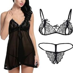 Combo Offer! Women Babydoll Nightwear Lace Bra Panty Lingerie Set-image-13