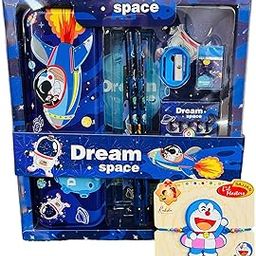 Paaroots Pack of 12pcs Space Theme Stationery Set with Best Bro Rakhi for Boys Set of Pencil Eraser Color Scale Pencil Box Geometry School Stationery Kit Rakhi Gift Set-image-76