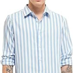 Men's Cotton Slim Fit Casual/Formal/Semi Formal Stylish Latest Printed Striped Shirt For Men White Blue (White Blue; Medium)-image-71