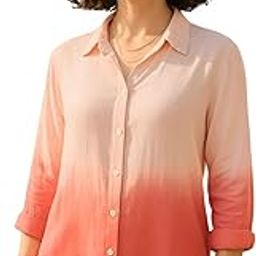 Women Handmade Peach-Pink Ombre Tie-Dye Rayon Shirt | Lightweight Breathable | Loose Fit | Long Sleeve Button-Down | Classic Collar | Casual & Office Wear (Available in S–3XL)-image-65