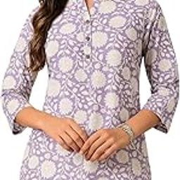 Women's Floral Print Cotton Tunic Top, 3/4 Sleeve, Button Front, Lavender and White-image-13