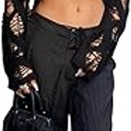 Chic Women's Sweater: Crew Neckline, Long Sleeves, Knitted Fabric, Hollow-Out Details, Solid Color, Drop-Shoulder Design-image-52