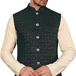 Men's Green Embroidered Band Neck Woven Design Nehru Jacket-image-27