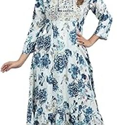 Floral Print Blue 3/4 Quarter Sleeve Anarkali Kurti Gown, Rayon, Casual Wear, Round Neck, Machine Washable-picture-22