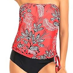 Two Piece Bandeau Tankini Swimsuits for Women Loose Fit Bathing Suits Blouson Swim Tank Top with Shorts Swimwear, Red Floral, Medium-image-96
