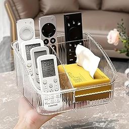 MosQuick® Clear Plastic remote stand for home mobile stand desk accessories stationery organiser pen stand Remote Control Organizer TV Remote Holder with 4 Compartments Desktop Storage Box-14