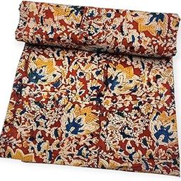 Kalamkari Cotton Unstitched Blouse Material, Traditional Floral Print, Red Blue Yellow-image-53