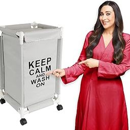 HOKIPO Oxford Fabric Laundry Basket With Wheels | Laundry Hamper with Lid Cover | Rolling Laundry Clothes Basket Trolley, 65x35x35 cm, Grey (AR-4060)-image-1