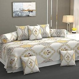 SHOMES Pure Soft Cotton Floral Printed Diwan Set Covers 8 Pieces - 1 Single Bed Sheet (60 X 90) with 5 Cushion (16 X 16), 2 Bolster Covers (16 X 32) - Cream Floral-2