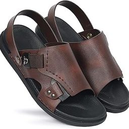 FLIK Men's Leather Slingback Sandals, Black/Brown Double Strap, Open Toe Casual Slides with Adjustable Fit-image-60