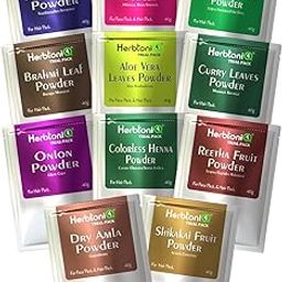 HerbtoniQ Hair Growth Mask Powders | Jatamansi Hibiscus Bhringraj Brahmi Aloe Vera Curry Neutral Henna Amla Reetha Shikakai Powder | Combat Dandruff, Hair Loss Regimen | Unisex | Hair Care Combo Trial Pack of 11 (Total 440 Grams)-image-88